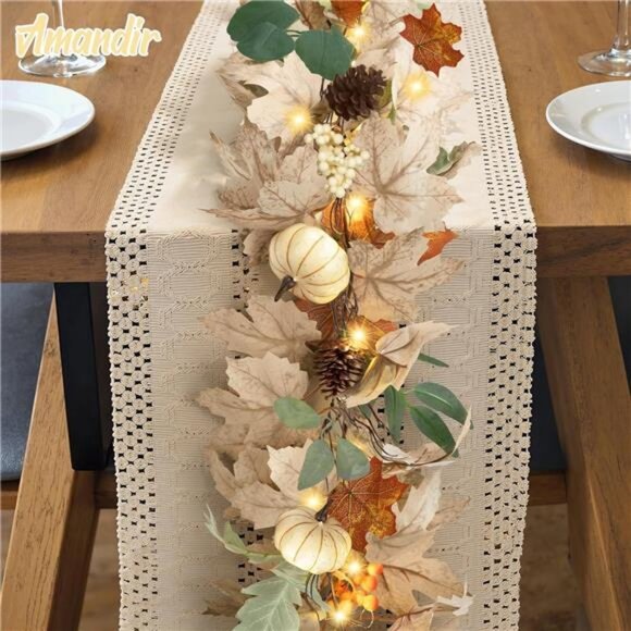 Fall Leaves Garland with Lights for Mantle Decor, 6 Ft Neutral Fall Ear Maple - Picture 3 of 7